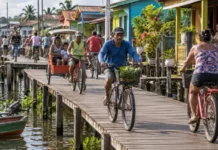 Em Afuá, carros não circulam e moradores pedalam sobre passarelas de madeira numa cidade amazônica construída acima das águas