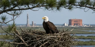 Animais da fauna silvestre, como águias-carecas, nidificam em pinheiros ao lado das plataformas da NASA na Flórida, onde a agência comprou terras enormes para foguetes, usou só uma fração e o refúgio federal cuida do restante selvagem