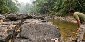 Quando o rio baixa, dois tipos de gravuras surgem nas pedras da Amazônia e desaparecem na cheia, restando uma forma de preservação Quando o rio baixa, dois tipos de gravuras surgem nas pedras da Amazônia e desaparecem na cheia, restando uma forma de preservação