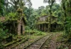 Um casarão e uma capela resistem ao abandono ao lado de trilho de trem, enquanto a mata encobre a antiga vila da borracha Um casarão e uma capela resistem ao abandono ao lado de trilho de trem, enquanto a mata encobre a antiga vila da borracha