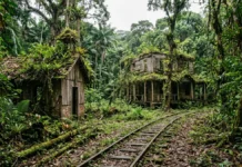 Um casarão e uma capela resistem ao abandono ao lado de trilho de trem, enquanto a mata encobre a antiga vila da borracha Um casarão e uma capela resistem ao abandono ao lado de trilho de trem, enquanto a mata encobre a antiga vila da borracha