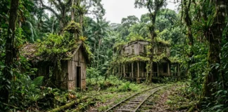 Um casarão e uma capela resistem ao abandono ao lado de trilho de trem, enquanto a mata encobre a antiga vila da borracha Um casarão e uma capela resistem ao abandono ao lado de trilho de trem, enquanto a mata encobre a antiga vila da borracha