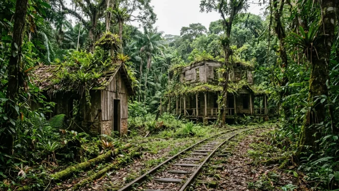 Um casarão e uma capela resistem ao abandono ao lado de trilho de trem, enquanto a mata encobre a antiga vila da borracha