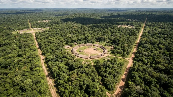Estradas largas do Alto Xingu ligam aldeias circulares por quatro direções e conduzem a uma praça central Estradas largas do Alto Xingu ligam aldeias circulares por quatro direções e conduzem a uma praça central