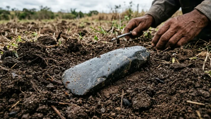 Um agricultor revolve a terra e encontra machado de pedra polida que exigiu semanas de atrito com dois elementos, areia e água