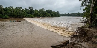 Uma pororoca sobe o rio por dezenas de quilômetros, derruba barrancos e ameaça pequenas embarcações sob a influência da lua Uma pororoca sobe o rio por dezenas de quilômetros, derruba barrancos e ameaça pequenas embarcações sob a influência da lua