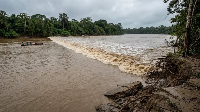 Uma pororoca sobe o rio por dezenas de quilômetros, derruba barrancos e ameaça pequenas embarcações sob a influência da lua Uma pororoca sobe o rio por dezenas de quilômetros, derruba barrancos e ameaça pequenas embarcações sob a influência da lua