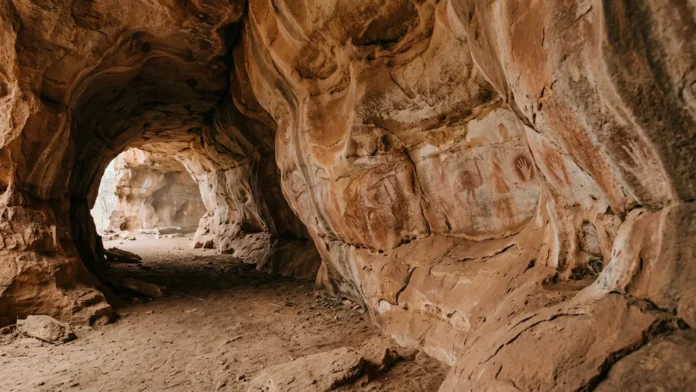 Água escava galerias em uma rocha macia e deixa duas formas de arte nas paredes de cavernas de arenito