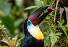 Tucano-de-bico-preto lança a fruta para trás com um movimento de cabeça, enquanto duas estruturas explicam como ele engole Tucano-de-bico-preto lança a fruta para trás com um movimento de cabeça, enquanto duas estruturas explicam como ele engole
