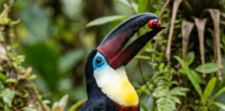 Tucano-de-bico-preto lança a fruta para trás com um movimento de cabeça, enquanto duas estruturas explicam como ele engole Tucano-de-bico-preto lança a fruta para trás com um movimento de cabeça, enquanto duas estruturas explicam como ele engole