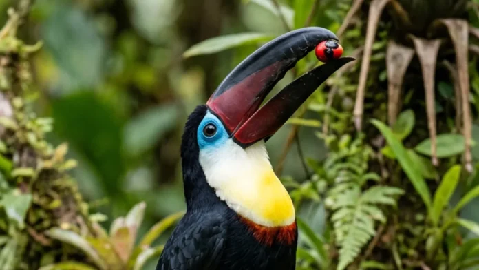 Tucano-de-bico-preto lança a fruta para trás com um movimento de cabeça, enquanto duas estruturas explicam como ele engole