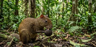 Cutia, único animal que abre o ouriço da castanheira, enterra sementes em dezenas de esconderijos e deixa árvores para a floresta seguinte Cutia, único animal que abre o ouriço da castanheira, enterra sementes em dezenas de esconderijos e deixa árvores para a floresta seguinte