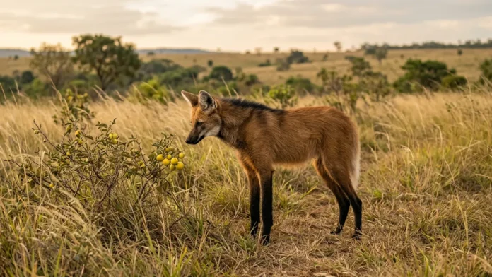 Lobo-guará alcança 1 metro de altura, come fruta que pode representar 50% da dieta e leva sementes inteiras a formigueiros Lobo-guará alcança 1 metro de altura, come fruta que pode representar 50% da dieta e leva sementes inteiras a formigueiros