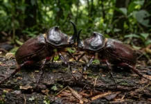 Besouro-rinoceronte levanta muitas vezes o próprio peso, enfrenta dois machos pelo acasalamento e pode passar anos na madeira em decomposição Besouro-rinoceronte levanta muitas vezes o próprio peso, enfrenta dois machos pelo acasalamento e pode passar anos na madeira em decomposição
