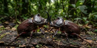 Besouro-rinoceronte levanta muitas vezes o próprio peso, enfrenta dois machos pelo acasalamento e pode passar anos na madeira em decomposição Besouro-rinoceronte levanta muitas vezes o próprio peso, enfrenta dois machos pelo acasalamento e pode passar anos na madeira em decomposição