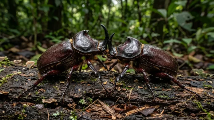 Besouro-rinoceronte levanta muitas vezes o próprio peso, enfrenta dois machos pelo acasalamento e pode passar anos na madeira em decomposição Besouro-rinoceronte levanta muitas vezes o próprio peso, enfrenta dois machos pelo acasalamento e pode passar anos na madeira em decomposição