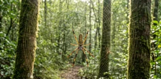 Aranha-de-teia-de-ouro produz seda amarela mais resistente que aço e estende uma teia entre duas árvores, com macho muito menor Aranha-de-teia-de-ouro produz seda amarela mais resistente que aço e estende uma teia entre duas árvores, com macho muito menor