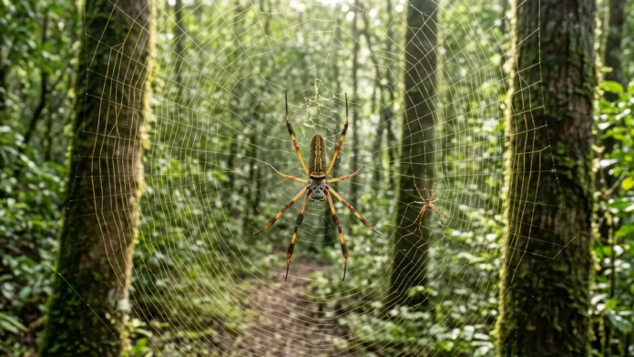 Aranha-de-teia-de-ouro produz seda amarela mais resistente que aço e estende uma teia entre duas árvores, com macho muito menor Aranha-de-teia-de-ouro produz seda amarela mais resistente que aço e estende uma teia entre duas árvores, com macho muito menor