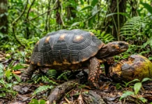 Jabuti-piranga passa meses sem beber água, obtém umidade dos frutos e carrega sementes por quilômetros na floresta Jabuti-piranga passa meses sem beber água, obtém umidade dos frutos e carrega sementes por quilômetros na floresta