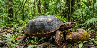 Jabuti-piranga passa meses sem beber água, obtém umidade dos frutos e carrega sementes por quilômetros na floresta Jabuti-piranga passa meses sem beber água, obtém umidade dos frutos e carrega sementes por quilômetros na floresta