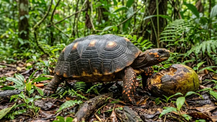 Jabuti-piranga passa meses sem beber água, obtém umidade dos frutos e carrega sementes por quilômetros na floresta Jabuti-piranga passa meses sem beber água, obtém umidade dos frutos e carrega sementes por quilômetros na floresta