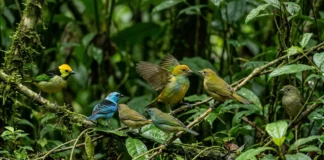 Tangará ensaia sinais numa arena do sub-bosque, estala as asas em grupo e macho jovem passa anos treinando a dança Tangará ensaia 2 sinais em 1 arena do sub-bosque, estala as asas em grupo e macho jovem passa anos treinando a dança
