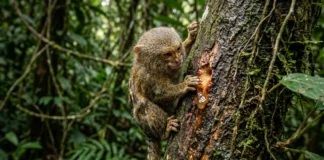 Menor macaco abre buracos no tronco com incisivo, volta por semanas à goma e cabe na palma de um adulto, girando a cabeça quase 180 graus Menor macaco abre buracos no tronco com incisivo, volta por semanas à goma e cabe na palma de 1 adulto, girando a cabeça quase 180 graus