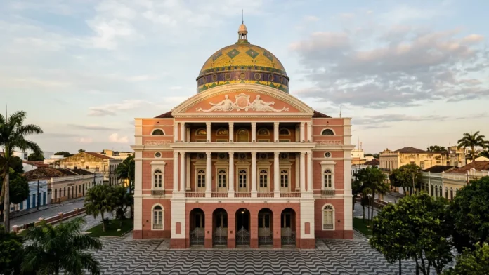Manaus ergue teatro no auge da borracha, traz materiais da Europa por navio e cobre a cúpula com 36 mil telhas esmaltadas em 1896