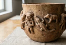 Uma peça de cerâmica tapajônica recebe figuras humanas e animais, cumpre duas funções e deixa de ser mero objeto de exposição no baixo Tapajós Uma peça de cerâmica tapajônica recebe figuras humanas e animais, cumpre duas funções e deixa de ser mero objeto de exposição no baixo Tapajós