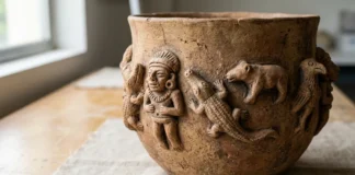 Uma peça de cerâmica tapajônica recebe figuras humanas e animais, cumpre duas funções e deixa de ser mero objeto de exposição no baixo Tapajós Uma peça de cerâmica tapajônica recebe figuras humanas e animais, cumpre duas funções e deixa de ser mero objeto de exposição no baixo Tapajós