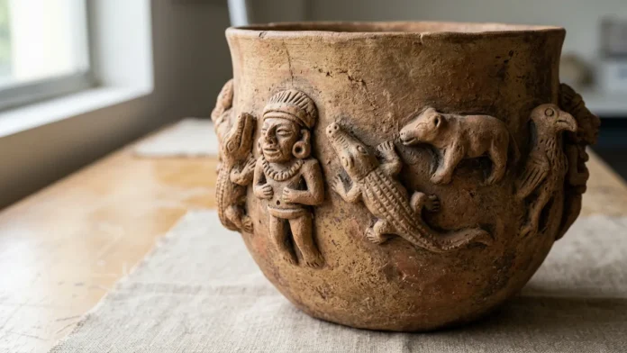Uma peça de cerâmica tapajônica recebe figuras humanas e animais, cumpre duas funções e deixa de ser mero objeto de exposição no baixo Tapajós Uma peça de cerâmica tapajônica recebe figuras humanas e animais, cumpre duas funções e deixa de ser mero objeto de exposição no baixo Tapajós