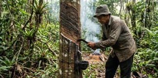 Seringueiro percorre uma estrada, faz corte em espinha de peixe e cumpre duas etapas em minutos para formar pelas em camadas Seringueiro percorre uma estrada, faz corte em espinha de peixe e cumpre duas etapas em minutos para formar pelas em camadas