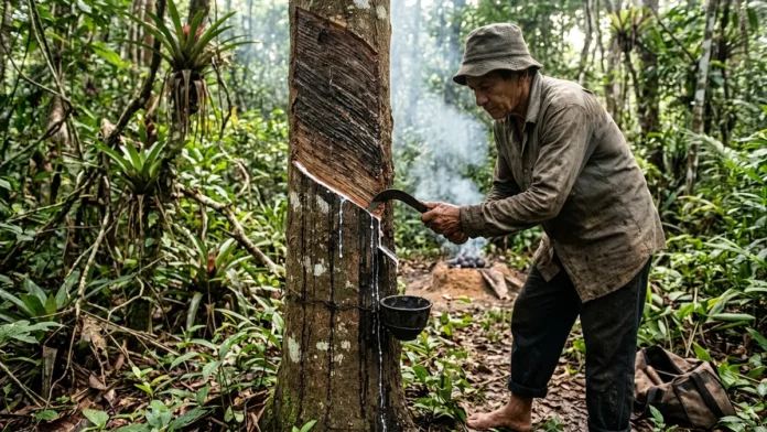 Seringueiro percorre uma estrada, faz corte em espinha de peixe e cumpre duas etapas em minutos para formar pelas em camadas Seringueiro percorre uma estrada, faz corte em espinha de peixe e cumpre duas etapas em minutos para formar pelas em camadas