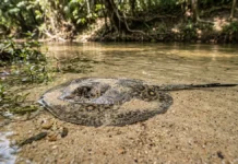 Arraia de água doce se enterra na areia do banho e, após 1 pisão, usa 1 ferrão serrilhado em defesa Arraia de água doce se enterra na areia do banho e, após 1 pisão, usa 1 ferrão serrilhado em defesa