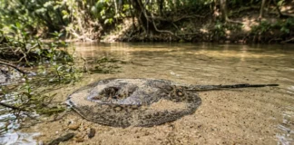 Arraia de água doce se enterra na areia do banho e, após 1 pisão, usa 1 ferrão serrilhado em defesa Arraia de água doce se enterra na areia do banho e, após 1 pisão, usa 1 ferrão serrilhado em defesa