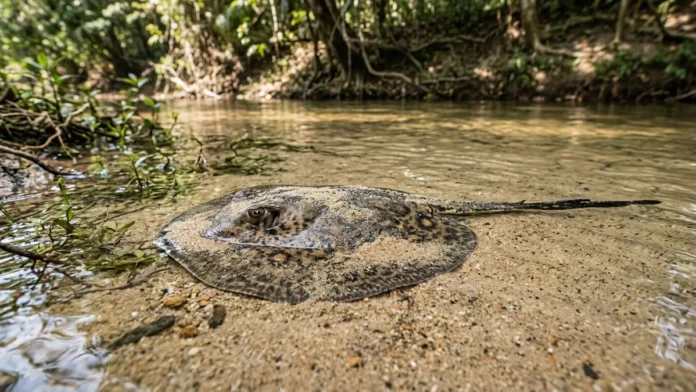Arraia de água doce se enterra na areia do banho e, após 1 pisão, usa 1 ferrão serrilhado em defesa