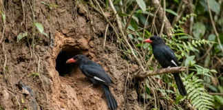 Casal de bicos-de-brasa escava um túnel em barranco de rio, alterna o trabalho por dias e cria câmara sem forração Casal de bicos-de-brasa escava um túnel em barranco de rio, alterna o trabalho por dias e cria câmara sem forração