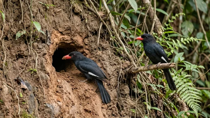 Casal de bicos-de-brasa escava um túnel em barranco de rio, alterna o trabalho por dias e cria câmara sem forração