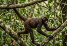 Macaco-aranha se move pelos galhos com quatro membros, transforma a cauda na quinta mão e espalha sementes de árvores grandes Macaco-aranha se move pelos galhos com quatro membros, transforma a cauda na quinta mão e espalha sementes de árvores grandes