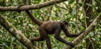 Macaco-aranha se move pelos galhos com quatro membros, transforma a cauda na quinta mão e espalha sementes de árvores grandes Macaco-aranha se move pelos galhos com quatro membros, transforma a cauda na quinta mão e espalha sementes de árvores grandes