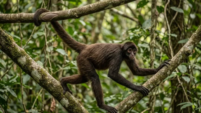Macaco-aranha se move pelos galhos com quatro membros, transforma a cauda na quinta mão e espalha sementes de árvores grandes
