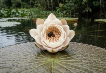 Vitória-régia aquece a flor, prende o besouro polinizador por 1 noite e reabre rosa no 2º dia para liberá-lo coberto de pólen Vitória-régia aquece a flor, prende o besouro polinizador por 1 noite e reabre rosa no 2º dia para liberá-lo coberto de pólen