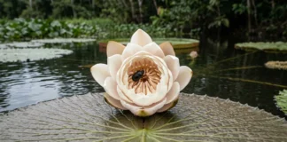 Vitória-régia aquece a flor, prende o besouro polinizador por 1 noite e reabre rosa no 2º dia para liberá-lo coberto de pólen Vitória-régia aquece a flor, prende o besouro polinizador por 1 noite e reabre rosa no 2º dia para liberá-lo coberto de pólen
