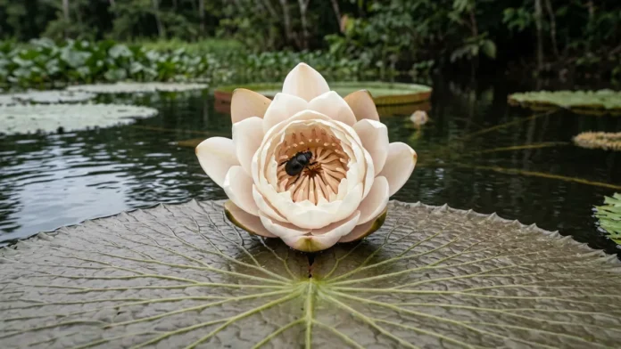 Vitória-régia aquece a flor, prende o besouro polinizador por 1 noite e reabre rosa no 2º dia para liberá-lo coberto de pólen