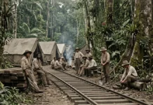 Trabalhadores de vários países enfrentam oito doenças no canteiro da Madeira-Mamoré, enquanto propaganda repete a frase de um morto por dormente Trabalhadores de vários países enfrentam oito doenças no canteiro da Madeira-Mamoré, enquanto propaganda repete a frase de um morto por dormente