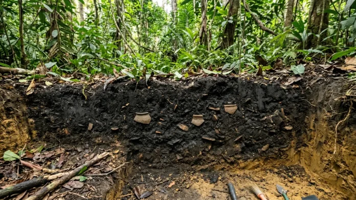 Restos de mandioca, espinhas de peixe e cinza são depositados, passam 1.200 anos e formam terra preta; vestígios chegam a 5.000 no Xingu Restos de mandioca, espinhas de peixe e cinza são depositados, passam 1.200 anos e formam terra preta; vestígios chegam a 5.000 no Xingu