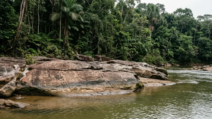 Uma gravura em afloramento rochoso à margem de um rio no Pará só aparece quando a água baixa, segundo estudo arqueológico