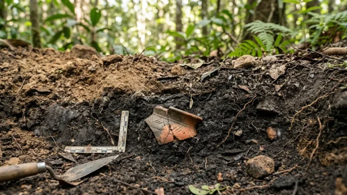 Fragmento de cerâmica em terra preta corrobora aldeia pré-colombiana, com camadas datadas entre 500 e 1.200 anos Fragmento de cerâmica em terra preta corrobora aldeia pré-colombiana, com camadas datadas entre 500 e 1.200 anos