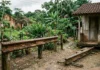 Um trilho antigo chega ao quintal de uma casa em Iata e vira cerca e degrau perto de estação em ruínas Um trilho antigo chega ao quintal de uma casa em Iata e vira cerca e degrau perto de estação em ruínas