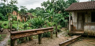 Um trilho antigo chega ao quintal de uma casa em Iata e vira cerca e degrau perto de estação em ruínas Um trilho antigo chega ao quintal de uma casa em Iata e vira cerca e degrau perto de estação em ruínas